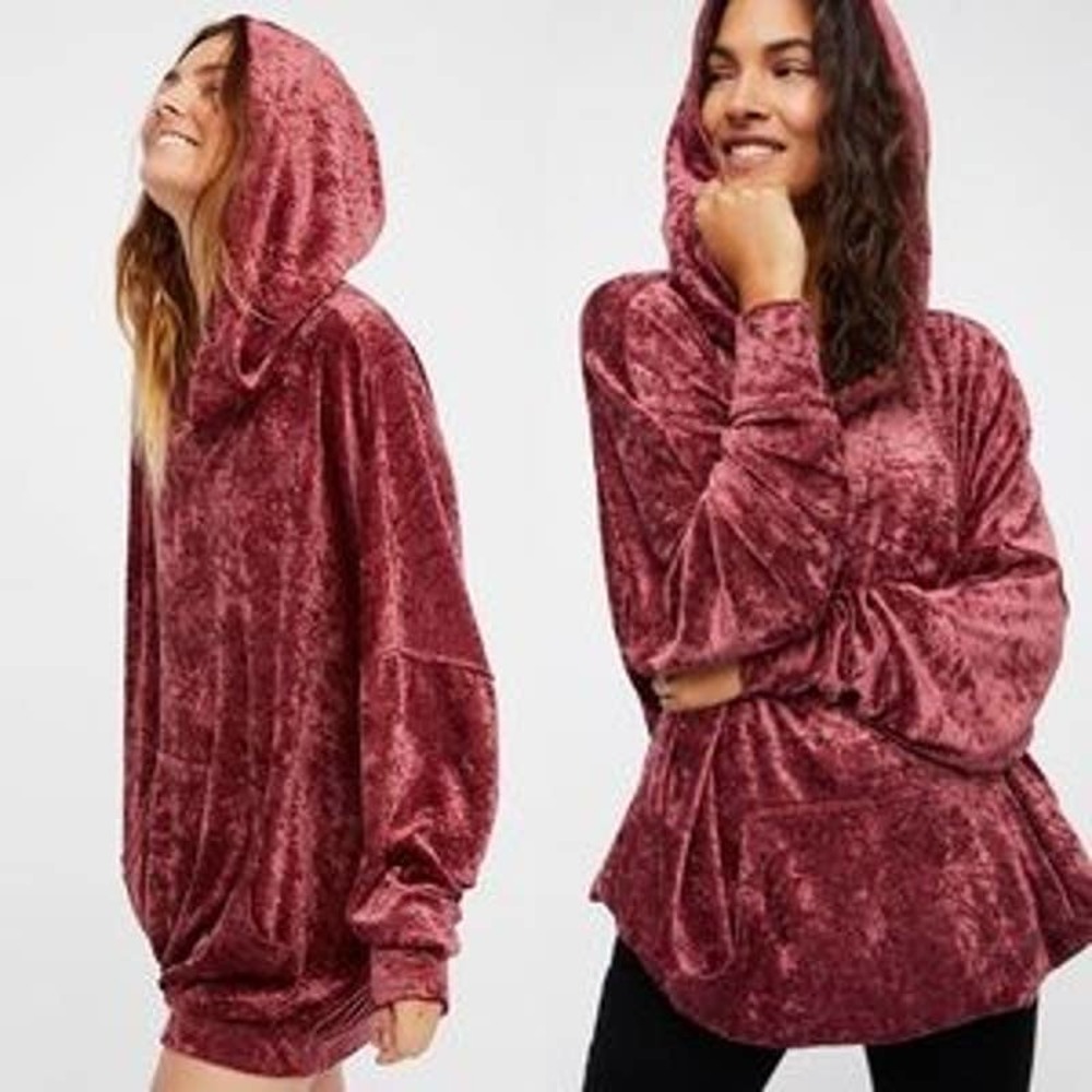 Free People Slouchy Velour Hoodie Oversized Mauve Pink Boho Sz S